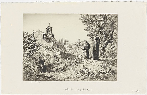 Artist: b'LINDSAY, Lionel' | Title: b'The Hermitage, Cordova.' | Date: 1931 | Technique: b'etching, printed in warm black ink with plate-tone, from one plate' | Copyright: b'Courtesy of the National Library of Australia' Artist: b'LINDSAY, Lionel' | Title: b'The Hermitage, Cordova.' | Date: 1931 | Technique: b'etching, printed in warm black ink with plate-tone, from one plate' | Copyright: b'Courtesy of the National Library of Australia'