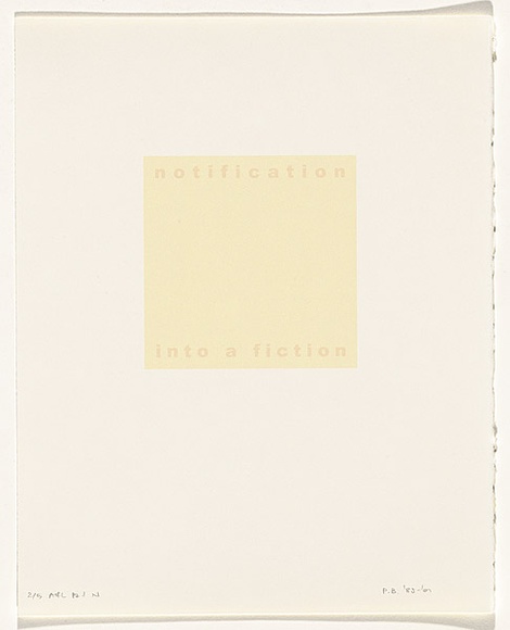 Artist: b'Burgess, Peter.' | Title: b'notification: into a fiction.' | Date: 2001 | Technique: b'computer generated inkjet prints, printed in colour, from digital files' Artist: b'Burgess, Peter.' | Title: b'notification: into a fiction.' | Date: 2001 | Technique: b'computer generated inkjet prints, printed in colour, from digital files'