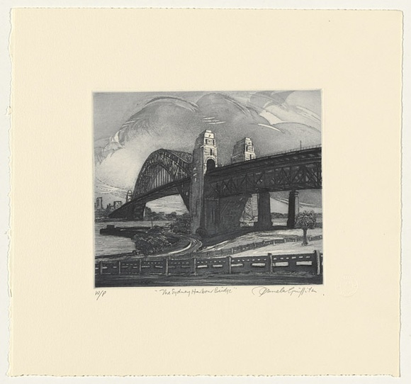 Artist: b'GRIFFITH, Pamela' | Title: b'The Sydney Harbour Bridge' | Date: 1988 | Technique: b'hardground-etching, aquatint and burnishing, printed in black ink, from one copper plate' | Copyright: b'\xc2\xa9 Pamela Griffith' Artist: b'GRIFFITH, Pamela' | Title: b'The Sydney Harbour Bridge' | Date: 1988 | Technique: b'hardground-etching, aquatint and burnishing, printed in black ink, from one copper plate' | Copyright: b'\xc2\xa9 Pamela Griffith'