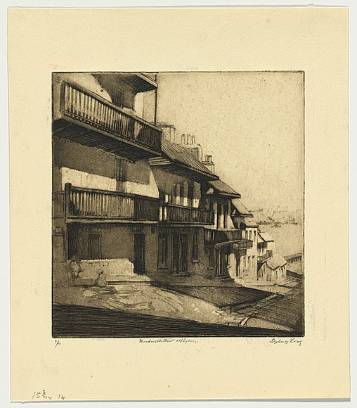 Artist: b'Long, Sydney.' | Title: b'Windmill Street, Old Sydney [2].' | Date: 1928 | Technique: b'etching and aquatint, printed in warm black ink, from one copper plate' | Copyright: b'Reproduced with the kind permission of the Ophthalmic Research Institute of Australia'