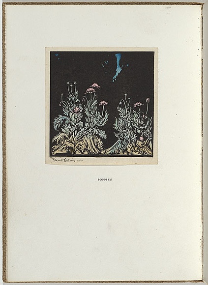 Artist: b'LINDSAY, Lionel' | Title: b'Poppies' | Date: 1922 | Technique: b'wood-engraving, printed in black ink, from one block; hand-coloured' | Copyright: b'Courtesy of the National Library of Australia' Artist: b'LINDSAY, Lionel' | Title: b'Poppies' | Date: 1922 | Technique: b'wood-engraving, printed in black ink, from one block; hand-coloured' | Copyright: b'Courtesy of the National Library of Australia'