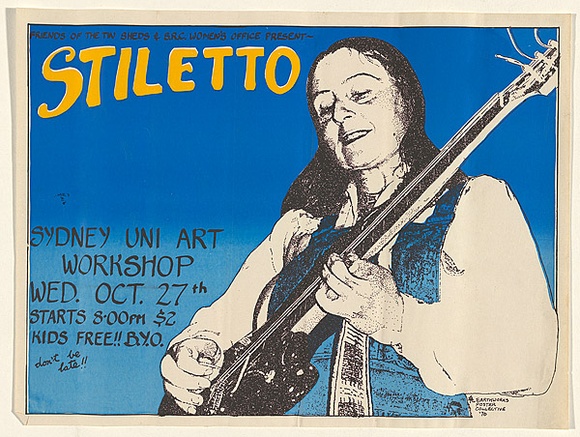 Artist: b'MACKINOLTY, Chips' | Title: b'Friends of the Tin Sheds ... Present - Stiletto' | Date: 1976 | Technique: b'screenprint, printed in colour, from three stencils' Artist: b'MACKINOLTY, Chips' | Title: b'Friends of the Tin Sheds ... Present - Stiletto' | Date: 1976 | Technique: b'screenprint, printed in colour, from three stencils'