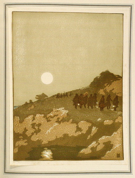 Artist: b'Flett, James.' | Title: b'Buying the Treasure.' | Date: 1931 | Technique: b'linocut, printed in colour, from multiple blocks' Artist: b'Flett, James.' | Title: b'Buying the Treasure.' | Date: 1931 | Technique: b'linocut, printed in colour, from multiple blocks'