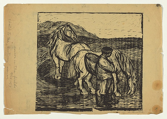 Artist: b'Groblicka, Lidia.' | Title: b'Horses in the fields' | Date: 1956-57 | Technique: b'woodcut, printed in black ink, from one block' Artist: b'Groblicka, Lidia.' | Title: b'Horses in the fields' | Date: 1956-57 | Technique: b'woodcut, printed in black ink, from one block'