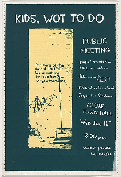 Artist: b'Morrow, David.' | Title: b'Kids, wot to do. Public meeting.' | Date: 1979 | Technique: b'screenprint, printed in colour, from two stencils' Artist: b'Morrow, David.' | Title: b'Kids, wot to do. Public meeting.' | Date: 1979 | Technique: b'screenprint, printed in colour, from two stencils'