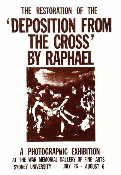 Artist: b'MUSEUM CURATORS CLASS' | Title: bThe restoration of the 'Deposition from the Cross' by Raphael. A photographic exhibition. | Date: 1976 | Technique: b'screenprint, printed in purple ink, from one stencil' Artist: b'MUSEUM CURATORS CLASS' | Title: bThe restoration of the 'Deposition from the Cross' by Raphael. A photographic exhibition. | Date: 1976 | Technique: b'screenprint, printed in purple ink, from one stencil'