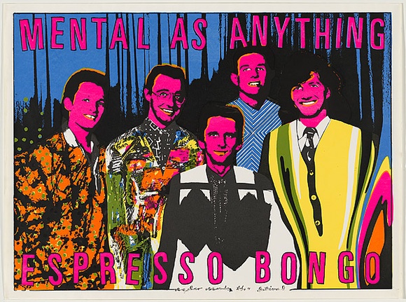 Artist: b'WORSTEAD, Paul' | Title: b'Mental as anything - Espresso Bongo (5 abstract expressionists).' | Date: 1980 | Technique: b'screenprint, printed in colour, from four stencils,' | Copyright: b'This work appears on screen courtesy of the artist' Artist: b'WORSTEAD, Paul' | Title: b'Mental as anything - Espresso Bongo (5 abstract expressionists).' | Date: 1980 | Technique: b'screenprint, printed in colour, from four stencils,' | Copyright: b'This work appears on screen courtesy of the artist'