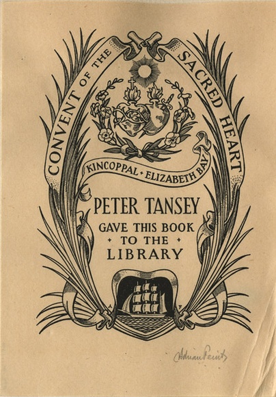 Artist: b'FEINT, Adrian' | Title: b'Bookplate: Peter Tansey gave this book to the library Convent of the Sacred Heart, Kincoppal, Elizabeth Bay.' | Date: (1937) | Technique: b'process block, printed in black ink, from one block' | Copyright: b'Courtesy the Estate of Adrian Feint' Artist: b'FEINT, Adrian' | Title: b'Bookplate: Peter Tansey gave this book to the library Convent of the Sacred Heart, Kincoppal, Elizabeth Bay.' | Date: (1937) | Technique: b'process block, printed in black ink, from one block' | Copyright: b'Courtesy the Estate of Adrian Feint'