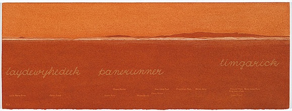 Artist: b'MADDOCK, Bea' | Title: b'Terra Spiritus...with a darker shade of pale' | Date: 1993-98 | Technique: b'stencil print, printed in hand-ground Launceston ochre from multiple hand-cut mylar stencils; letterpress text blind printed; hand-drawn script' Artist: b'MADDOCK, Bea' | Title: b'Terra Spiritus...with a darker shade of pale' | Date: 1993-98 | Technique: b'stencil print, printed in hand-ground Launceston ochre from multiple hand-cut mylar stencils; letterpress text blind printed; hand-drawn script'
