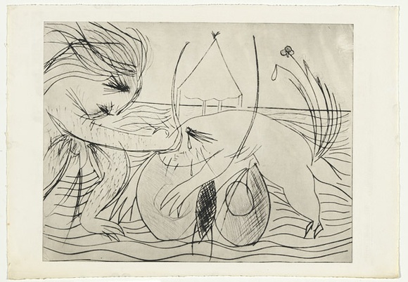 Artist: b'BOYD, Arthur' | Title: b'Figure with beast and moth over water.' | Date: (1968-69) | Technique: b'drypoint, printed in black ink, from one plate' | Copyright: b'Reproduced with permission of Bundanon Trust' Artist: b'BOYD, Arthur' | Title: b'Figure with beast and moth over water.' | Date: (1968-69) | Technique: b'drypoint, printed in black ink, from one plate' | Copyright: b'Reproduced with permission of Bundanon Trust'