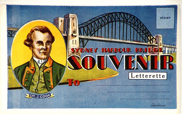 Artist: b'Broadway Publishing Company.' | Title: b'Sydney Harbour Bridge, souvenir letterette' | Date: c.1932 | Technique: b'offset-lithograph, printed in colour, from multiple plates' Artist: b'Broadway Publishing Company.' | Title: b'Sydney Harbour Bridge, souvenir letterette' | Date: c.1932 | Technique: b'offset-lithograph, printed in colour, from multiple plates'