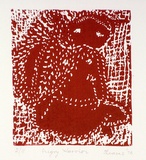 Artist: b'Shearer, Mitzi.' | Title: b'Angry warrior' | Date: 1978 | Technique: b'linocut, printed in red ink, from one block'