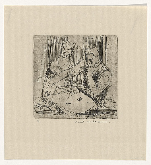 Artist: b'WILLIAMS, Fred' | Title: b'At the picture framers. Number 2' | Date: 1955-56 | Technique: b'etching and rough biting, printed in black ink, from one copper plate' | Copyright: b'\xc2\xa9 Fred Williams Estate' Artist: b'WILLIAMS, Fred' | Title: b'At the picture framers. Number 2' | Date: 1955-56 | Technique: b'etching and rough biting, printed in black ink, from one copper plate' | Copyright: b'\xc2\xa9 Fred Williams Estate'