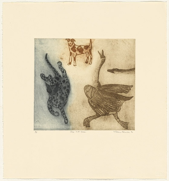 Artist: b'Robinson, William.' | Title: b'Dogs and geese.' | Date: 1990 | Technique: b'sugar-lift etching, printed in colour inks' Artist: b'Robinson, William.' | Title: b'Dogs and geese.' | Date: 1990 | Technique: b'sugar-lift etching, printed in colour inks'