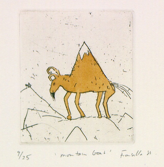 Artist: b'Fransella, Graham.' | Title: b'Mountain goat'. | Date: 1981 | Technique: b'etching and foul-biting, printed in black ink, from one plate, hand-coloured' | Copyright: b'Courtesy of the artist' Artist: b'Fransella, Graham.' | Title: b'Mountain goat'. | Date: 1981 | Technique: b'etching and foul-biting, printed in black ink, from one plate, hand-coloured' | Copyright: b'Courtesy of the artist'