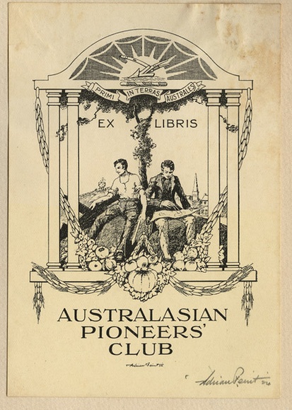 Artist: b'FEINT, Adrian' | Title: bBookplate: Australasian Pioneers' Club. | Date: 1924 | Technique: b'line-block, printed in black ink, from one process block' | Copyright: b'Courtesy the Estate of Adrian Feint' Artist: b'FEINT, Adrian' | Title: bBookplate: Australasian Pioneers' Club. | Date: 1924 | Technique: b'line-block, printed in black ink, from one process block' | Copyright: b'Courtesy the Estate of Adrian Feint'