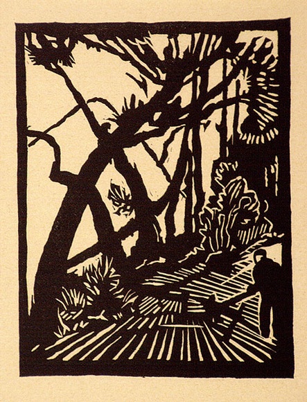 Artist: b'Stephen, Clive.' | Title: b'(Woodcutter in forest)' | Date: c.1948 | Technique: b'linocut, printed in black ink, from one block' Artist: b'Stephen, Clive.' | Title: b'(Woodcutter in forest)' | Date: c.1948 | Technique: b'linocut, printed in black ink, from one block'