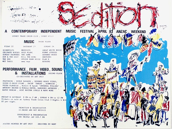 Artist: b'MERD INTERNATIONAL' | Title: b'Sedition. A contemporary independent music festival' | Date: 1983 | Technique: b'screenprint' Artist: b'MERD INTERNATIONAL' | Title: b'Sedition. A contemporary independent music festival' | Date: 1983 | Technique: b'screenprint'