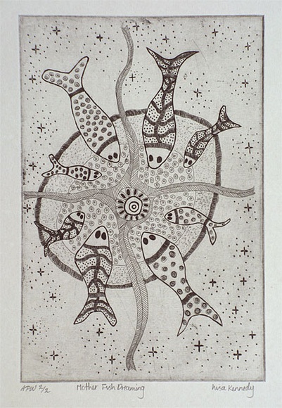 Artist: b'Kennedy, Lisa.' | Title: b'Mother Fish Dreaming' | Date: 2000, December | Technique: b'etching, printed in black ink, from one plate' Artist: b'Kennedy, Lisa.' | Title: b'Mother Fish Dreaming' | Date: 2000, December | Technique: b'etching, printed in black ink, from one plate'