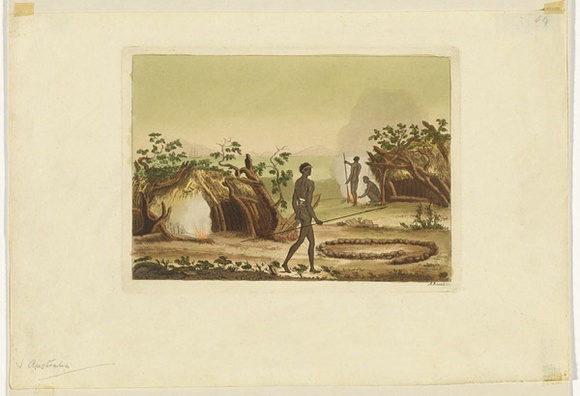 Title: b'Cabanes des Naturels de la Presque \xc3\xaele Peron' | Date: 1840s | Technique: b'engraving, printed in black ink, from one plate' Title: b'Cabanes des Naturels de la Presque \xc3\xaele Peron' | Date: 1840s | Technique: b'engraving, printed in black ink, from one plate'