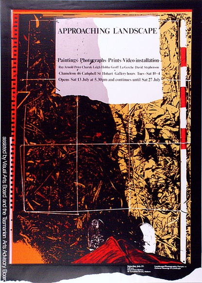 Artist: b'ARNOLD, Raymond' | Title: b'Approaching landscape. Paintings, photographs, prints, video installation. Chameleon, Hobart.' | Date: 1985 | Technique: b'screenprint, printed in colour, from four stencils' Artist: b'ARNOLD, Raymond' | Title: b'Approaching landscape. Paintings, photographs, prints, video installation. Chameleon, Hobart.' | Date: 1985 | Technique: b'screenprint, printed in colour, from four stencils'