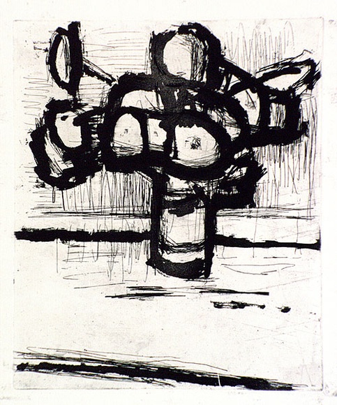Artist: b'MADDOCK, Bea' | Title: b'Flowers' | Date: 1961 | Technique: b'etching and sugarlift aquatint, printed in black ink with plate-tone, from one zinc plate' Artist: b'MADDOCK, Bea' | Title: b'Flowers' | Date: 1961 | Technique: b'etching and sugarlift aquatint, printed in black ink with plate-tone, from one zinc plate'