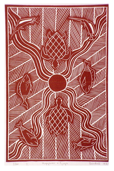 Artist: b'Marika, Banduk.' | Title: b'Miyapunu and Guya' | Date: 1985 | Technique: b'linocut, printed in red ink, from one block' Artist: b'Marika, Banduk.' | Title: b'Miyapunu and Guya' | Date: 1985 | Technique: b'linocut, printed in red ink, from one block'