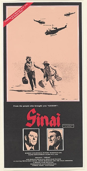 Artist: b'Lane, Leonie.' | Title: b'From the people who brought you Saigon : Sinai' | Date: (1982) | Technique: b'screenprint, printed in colour, from multiple stencils' | Copyright: b'\xc2\xa9 Leonie Lane' Artist: b'Lane, Leonie.' | Title: b'From the people who brought you Saigon : Sinai' | Date: (1982) | Technique: b'screenprint, printed in colour, from multiple stencils' | Copyright: b'\xc2\xa9 Leonie Lane'