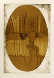 Artist: BALDESSIN, George | Title: Personage, window and books. | Date: 1973 | Technique: etching and aquatint, printed in brown ink, from one plate; over stencil, printed in brown and yellow ink, from multiple stencils.