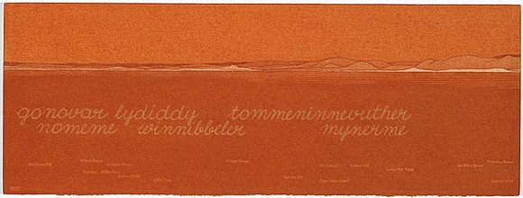 Artist: b'MADDOCK, Bea' | Title: b'Terra Spiritus...with a darker shade of pale' | Date: 1993-98 | Technique: b'stencil print, printed in hand-ground Launceston ochre from multiple hand-cut mylar stencils; letterpress text blind printed; hand-drawn script' Artist: b'MADDOCK, Bea' | Title: b'Terra Spiritus...with a darker shade of pale' | Date: 1993-98 | Technique: b'stencil print, printed in hand-ground Launceston ochre from multiple hand-cut mylar stencils; letterpress text blind printed; hand-drawn script'