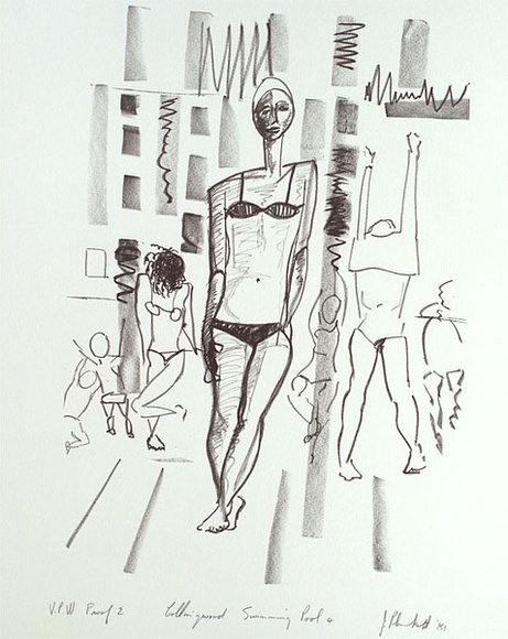 Artist: b'PLUNKETT, Jennifer' | Title: b'Collingwood Swimming Pool 4' | Date: 1981 | Technique: b'lithograph, printed in black ink, from one stone' Artist: b'PLUNKETT, Jennifer' | Title: b'Collingwood Swimming Pool 4' | Date: 1981 | Technique: b'lithograph, printed in black ink, from one stone'