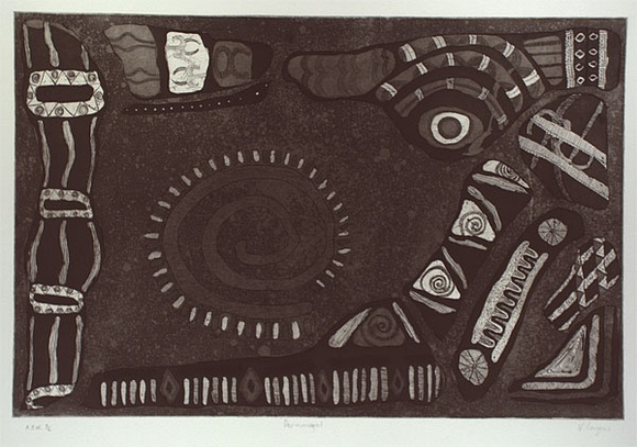 Artist: b'Couzens, Vicki.' | Title: b'Pernmeeyal' | Date: 1999, August | Technique: b'etching and aquatint, printed in black ink, from one plate' | Copyright: b'\xc2\xa9 V. Couzens' Artist: b'Couzens, Vicki.' | Title: b'Pernmeeyal' | Date: 1999, August | Technique: b'etching and aquatint, printed in black ink, from one plate' | Copyright: b'\xc2\xa9 V. Couzens'
