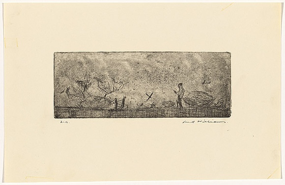 Artist: b'WILLIAMS, Fred' | Title: b'Landscape with gliders' | Date: 1955-56 | Technique: b'etching, foul biting, drypoint and flat biting, printed in black ink, from one copper plate' | Copyright: b'\xc2\xa9 Fred Williams Estate' Artist: b'WILLIAMS, Fred' | Title: b'Landscape with gliders' | Date: 1955-56 | Technique: b'etching, foul biting, drypoint and flat biting, printed in black ink, from one copper plate' | Copyright: b'\xc2\xa9 Fred Williams Estate'