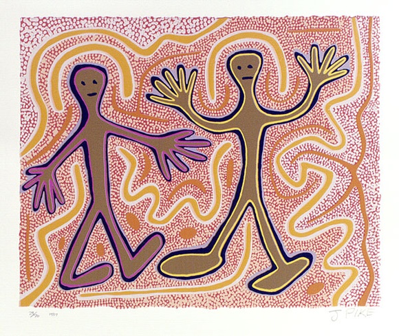 Artist: b'Pike, Jimmy.' | Title: b'Kurntumaru and Parnaparnti' | Date: 1987 | Technique: b'screenprint, printed in colour, from multiple stencils' Artist: b'Pike, Jimmy.' | Title: b'Kurntumaru and Parnaparnti' | Date: 1987 | Technique: b'screenprint, printed in colour, from multiple stencils'