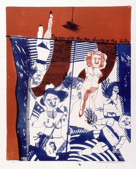 Artist: b'HANRAHAN, Barbara' | Title: b'The man with the gun shoots at the dolls.' | Date: 1965 | Technique: b'lithograph, printed in colour, from two plates' Artist: b'HANRAHAN, Barbara' | Title: b'The man with the gun shoots at the dolls.' | Date: 1965 | Technique: b'lithograph, printed in colour, from two plates'