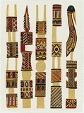 Artist: b'TUNGUTALUM, Bede' | Title: b'Pukumani poles' | Date: 1988 | Technique: b'linocut, printed in colour, from multiple blocks' | Copyright: b'\xc2\xa9 Bede Tungutalum, Licensed by VISCOPY, Australia'