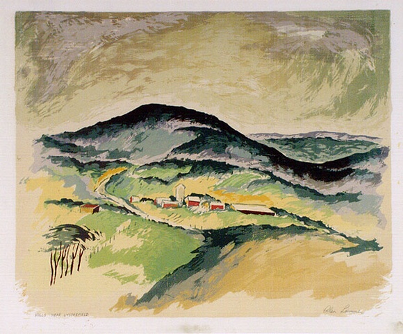 Artist: b'Sumner, Alan.' | Title: b'Hills near Lysterfield' | Date: 1945-46 | Technique: b'screenprint, printed in colour, from 17 stencils' Artist: b'Sumner, Alan.' | Title: b'Hills near Lysterfield' | Date: 1945-46 | Technique: b'screenprint, printed in colour, from 17 stencils'