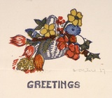 Artist: OGILVIE, Helen | Title: Greeting card | Date: 1937 | Technique: linocut, printed in colour, from multiple blocks