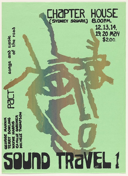 Artist: b'UNKNOWN' | Title: b'Sound Travel 1. PACT Songs and music of the road. Chapter House.' | Date: 1977? | Technique: b'screenprint, printed in colour, from two stencils' Artist: b'UNKNOWN' | Title: b'Sound Travel 1. PACT Songs and music of the road. Chapter House.' | Date: 1977? | Technique: b'screenprint, printed in colour, from two stencils'