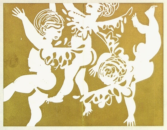 Artist: b'Stringer, John.' | Title: bInvitation card to artist's wedding (three putti). | Date: (1962) | Technique: b'linocut, printed in colour, from multiple blocks' Artist: b'Stringer, John.' | Title: bInvitation card to artist's wedding (three putti). | Date: (1962) | Technique: b'linocut, printed in colour, from multiple blocks'