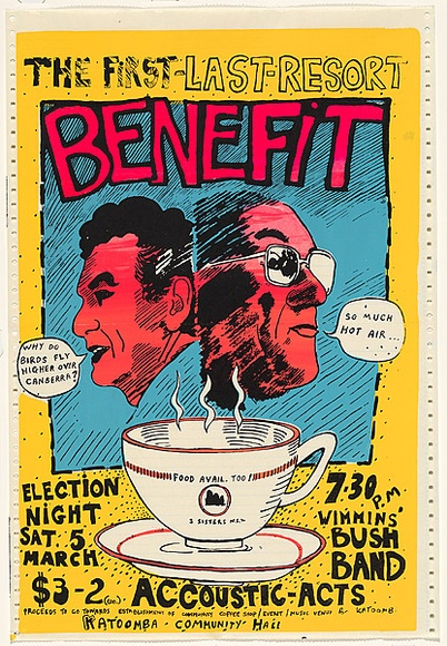 Artist: b'Locklan.' | Title: b'The first-last-resort benefit...Katoomba Community Hall' | Date: 1983 | Technique: b'screenprint, printed in colour, from four stencils' Artist: b'Locklan.' | Title: b'The first-last-resort benefit...Katoomba Community Hall' | Date: 1983 | Technique: b'screenprint, printed in colour, from four stencils'