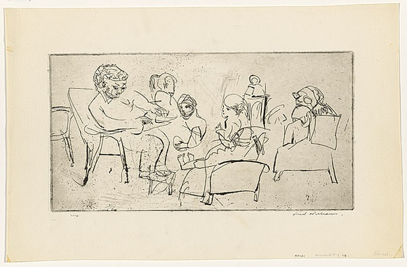 Artist: b'WILLIAMS, Fred' | Title: b'Visitors at Upwey' | Date: 1965-66 | Technique: b'etching, drypoint, printed in black ink, from one copper plate' | Copyright: b'\xc2\xa9 Fred Williams Estate' Artist: b'WILLIAMS, Fred' | Title: b'Visitors at Upwey' | Date: 1965-66 | Technique: b'etching, drypoint, printed in black ink, from one copper plate' | Copyright: b'\xc2\xa9 Fred Williams Estate'