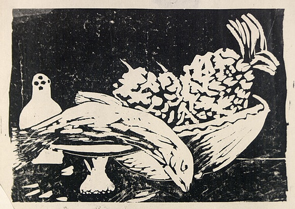 Artist: b'ROSENGRAVE, Harry' | Title: b'(Still life with fish)' | Date: 1955 | Technique: b'linocut, printed in black ink, from one block' Artist: b'ROSENGRAVE, Harry' | Title: b'(Still life with fish)' | Date: 1955 | Technique: b'linocut, printed in black ink, from one block'