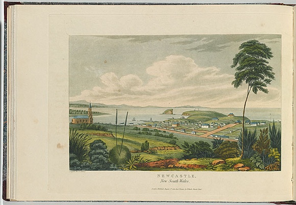 Artist: b'Lycett, Joseph.' | Title: b'Newcastle, New South Wales.' | Date: 1824 | Technique: b'etching, aquatint and roulette, printed in black ink, from one copper plate; hand-coloured' Artist: b'Lycett, Joseph.' | Title: b'Newcastle, New South Wales.' | Date: 1824 | Technique: b'etching, aquatint and roulette, printed in black ink, from one copper plate; hand-coloured'