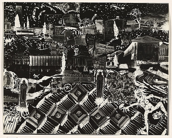 Title: not titled [collage composition, religious motifs at lower left and centre] | Date: c.1993 | Technique: cliché-verre, printed in black, from hand-drawn negative