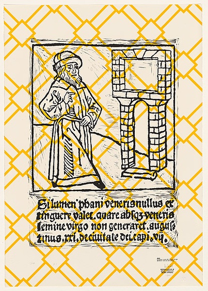 Artist: b'TYNDALL, Peter' | Title: b'A Person Looks At a Work of Art. Someone looks at something ... I' | Date: 1988 | Technique: b'linocut, printed in black ink, from one block; screenprint, printed in yellow ink, from one stencil' Artist: b'TYNDALL, Peter' | Title: b'A Person Looks At a Work of Art. Someone looks at something ... I' | Date: 1988 | Technique: b'linocut, printed in black ink, from one block; screenprint, printed in yellow ink, from one stencil'