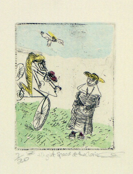Artist: b'Speirs, Andrew.' | Title: b'Flight speed and the Cleric' | Date: 1985 | Technique: b'etching, foul biting printed in black ink, from one plate, hand-coloured' Artist: b'Speirs, Andrew.' | Title: b'Flight speed and the Cleric' | Date: 1985 | Technique: b'etching, foul biting printed in black ink, from one plate, hand-coloured'