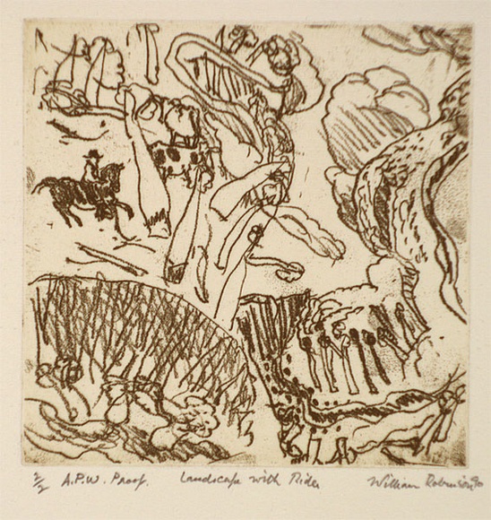 Artist: b'Robinson, William.' | Title: b'Landscape with rider' | Date: 1990 | Technique: b'softground etching, printed in green-brown ink, from one plate' Artist: b'Robinson, William.' | Title: b'Landscape with rider' | Date: 1990 | Technique: b'softground etching, printed in green-brown ink, from one plate'