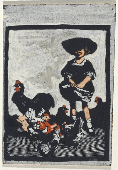 Artist: b'Leason, Percy.' | Title: b'Feeding the chickens' | Date: (c.1919) | Technique: b'scraper board drawing' | Copyright: b'Permission granted in memory of Percy Leason' Artist: b'Leason, Percy.' | Title: b'Feeding the chickens' | Date: (c.1919) | Technique: b'scraper board drawing' | Copyright: b'Permission granted in memory of Percy Leason'