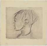 Artist: MACQUEEN, Mary | Title: Boy's head | Date: c.1960 | Technique: drypoint, printed in black ink with plate-tone, from one zinc plate | Copyright: Courtesy Paulette Calhoun, for the estate of Mary Macqueen